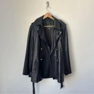 Ralph Lauren Double Breasted Belted Black 100% Leather Peacoat Jacket Size L